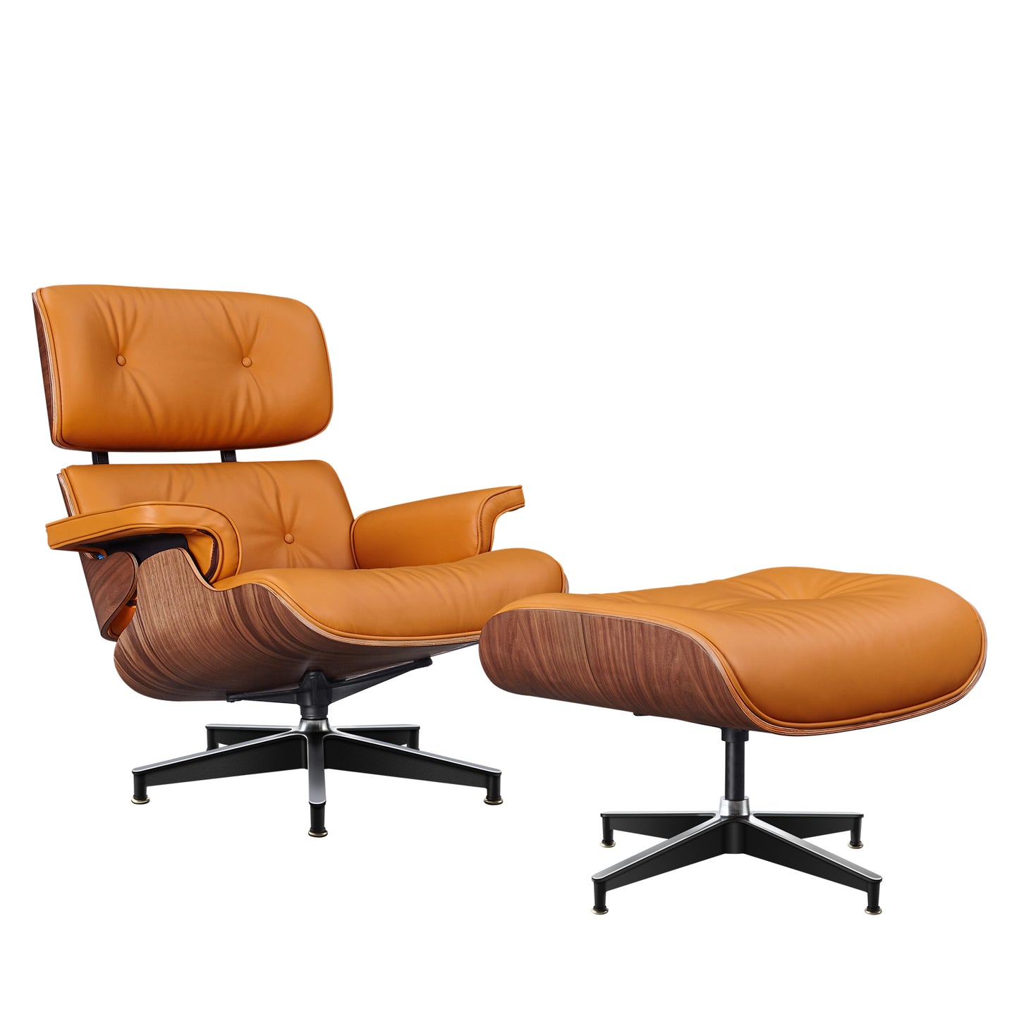 TALL Midcentury Lounge Chair & Ottoman - Orange Aniline Leather, Walnut Wood