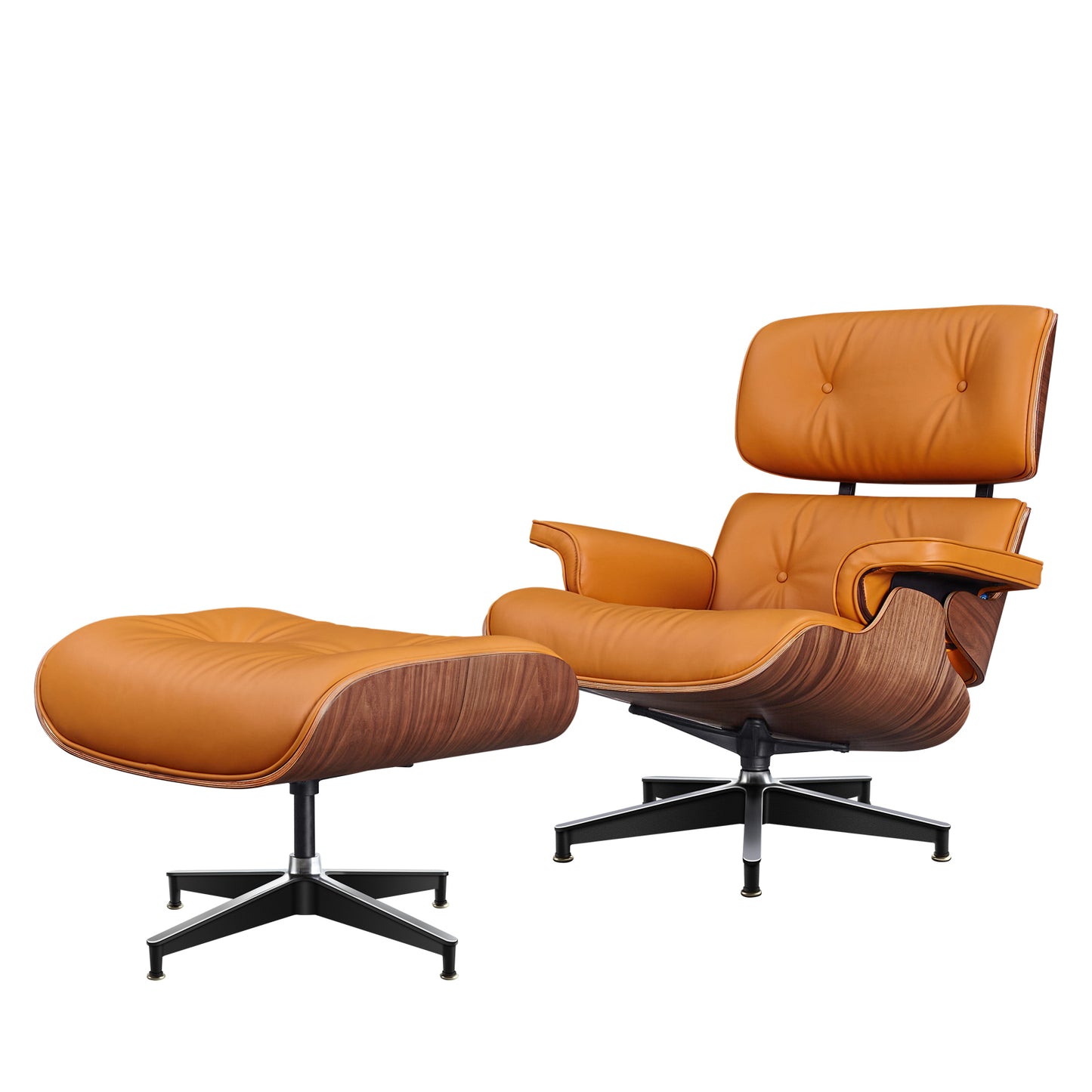 TALL Midcentury Lounge Chair & Ottoman - Orange Aniline Leather, Walnut Wood