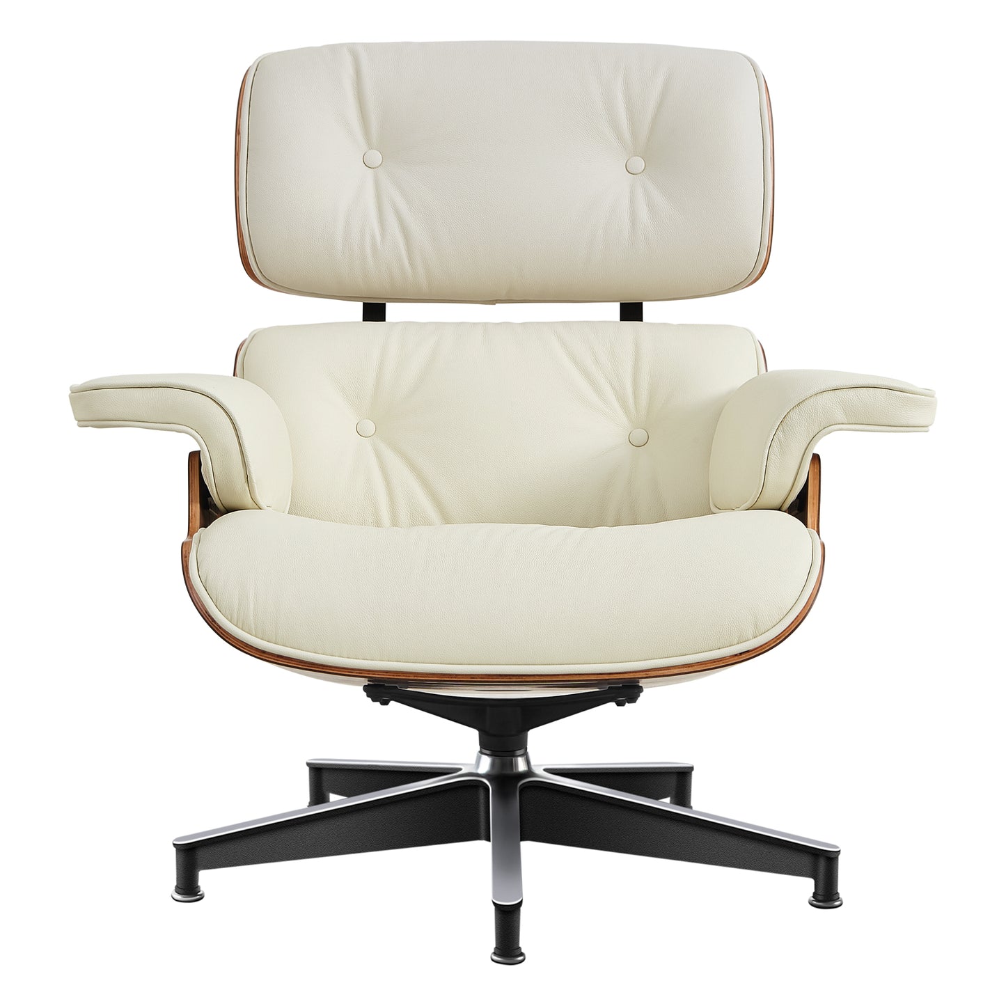 Midcentury Lounge Chair & Ottoman - Beige Leather, Walnut Wood
