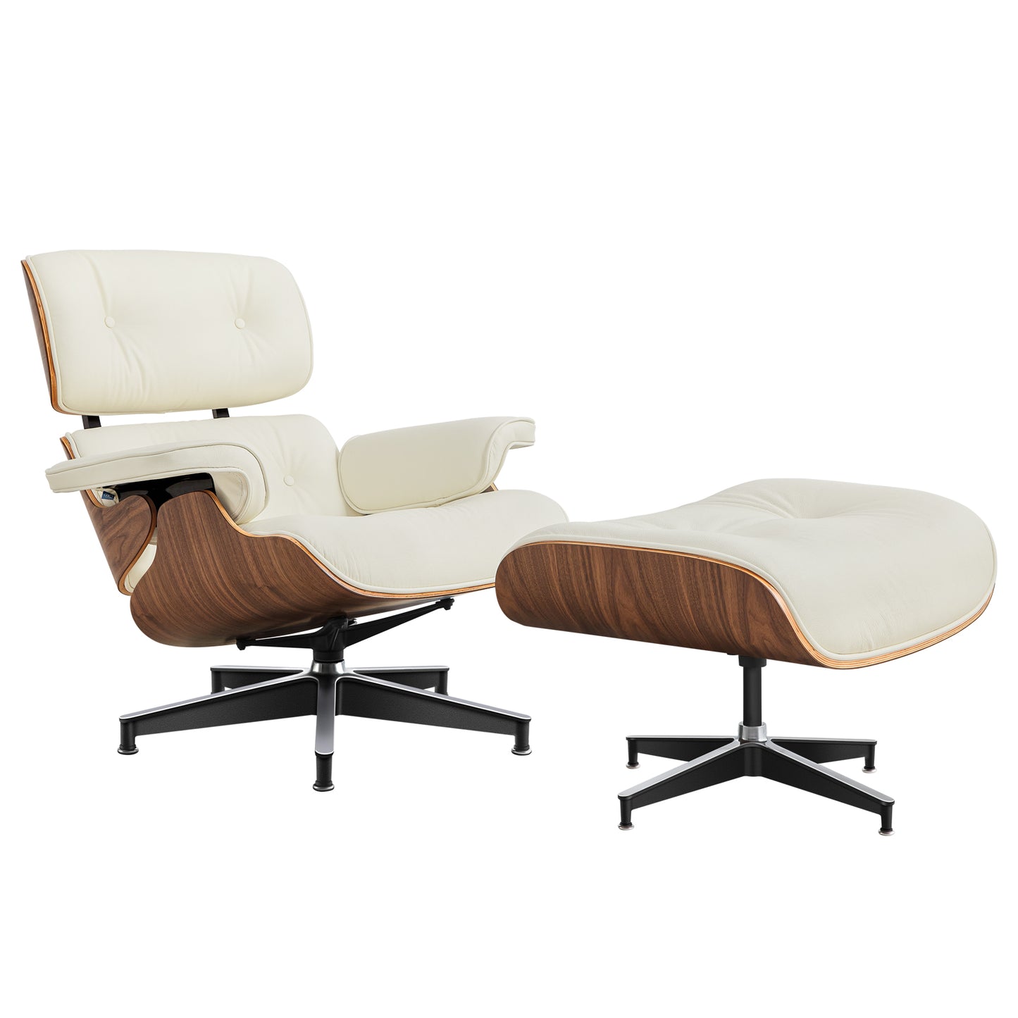 Midcentury Lounge Chair & Ottoman - Beige Leather, Walnut Wood