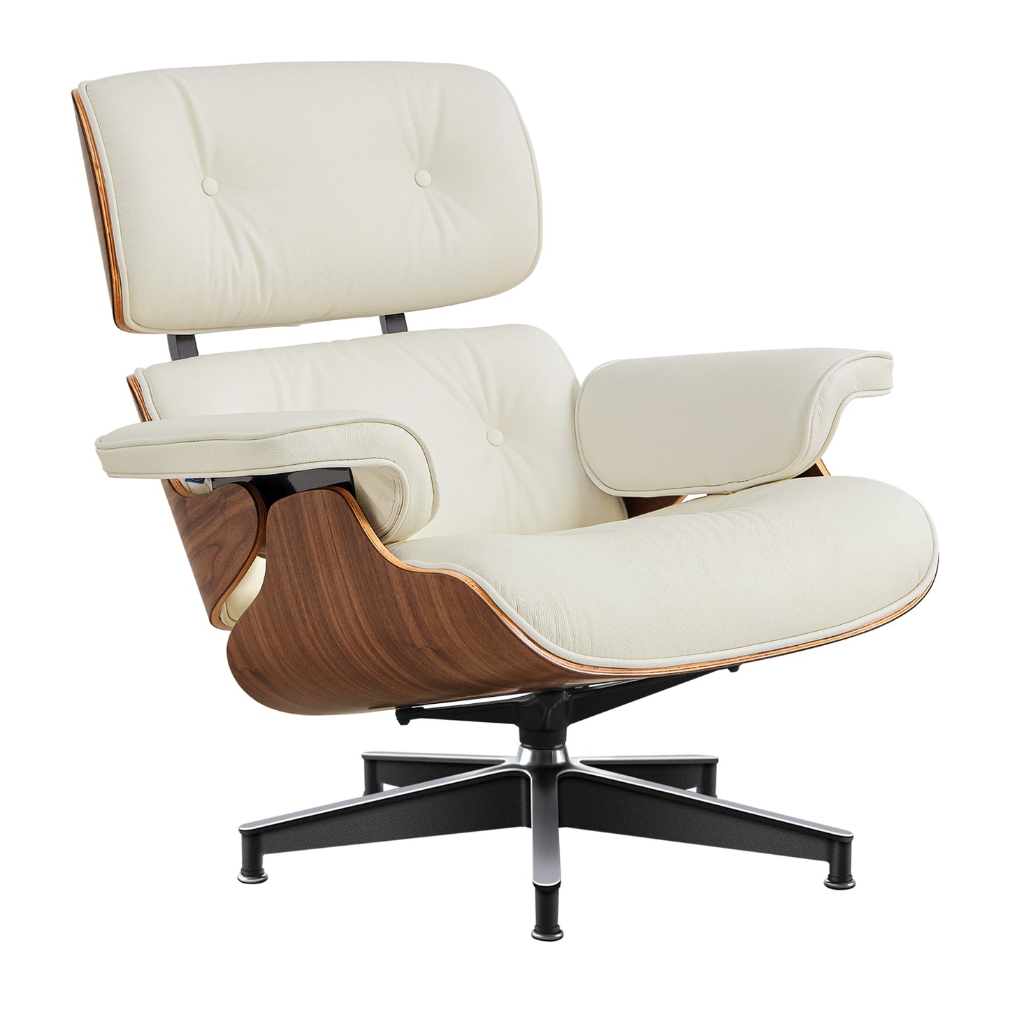 Midcentury Lounge Chair & Ottoman - Beige Leather, Walnut Wood