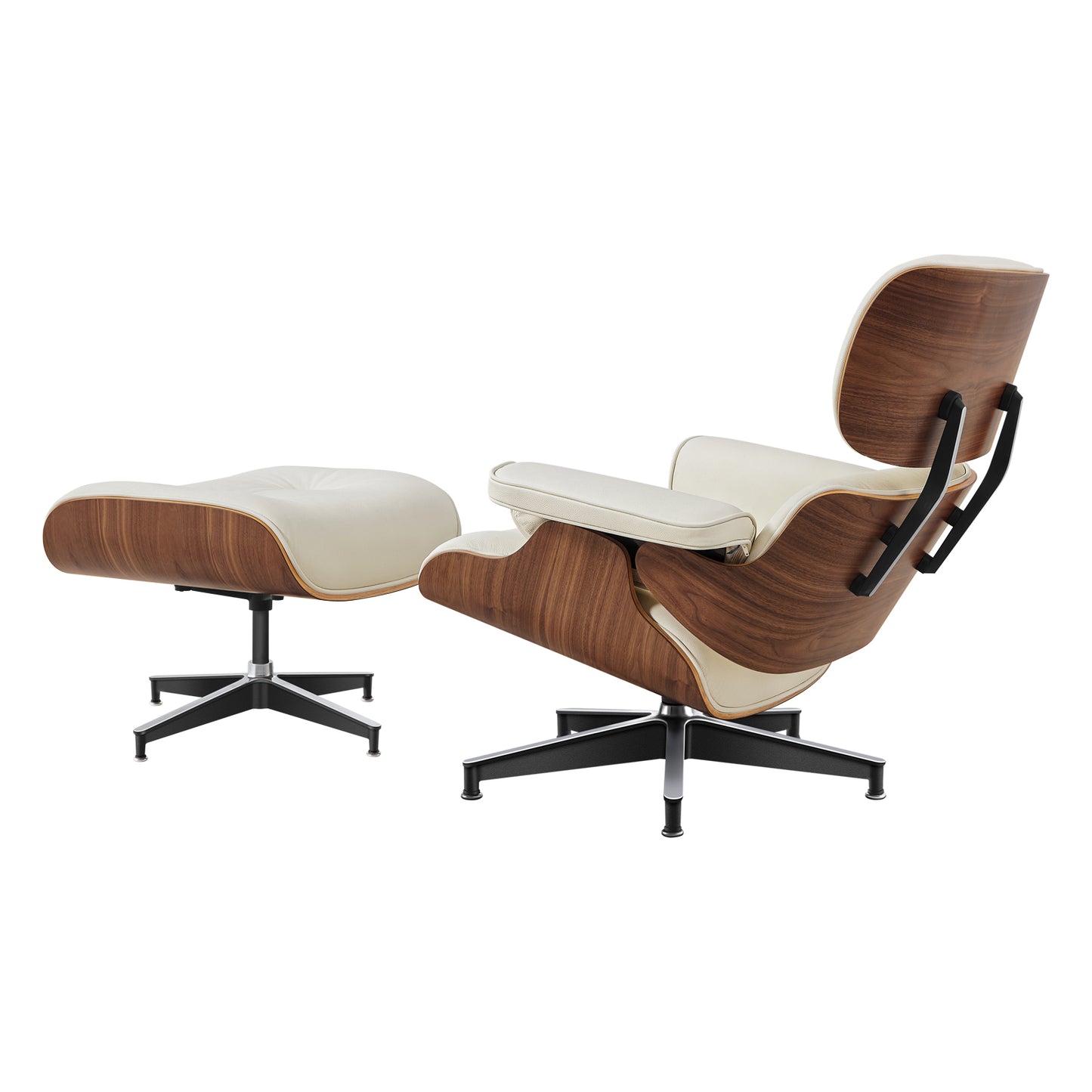 Midcentury Lounge Chair & Ottoman - Beige Leather, Walnut Wood