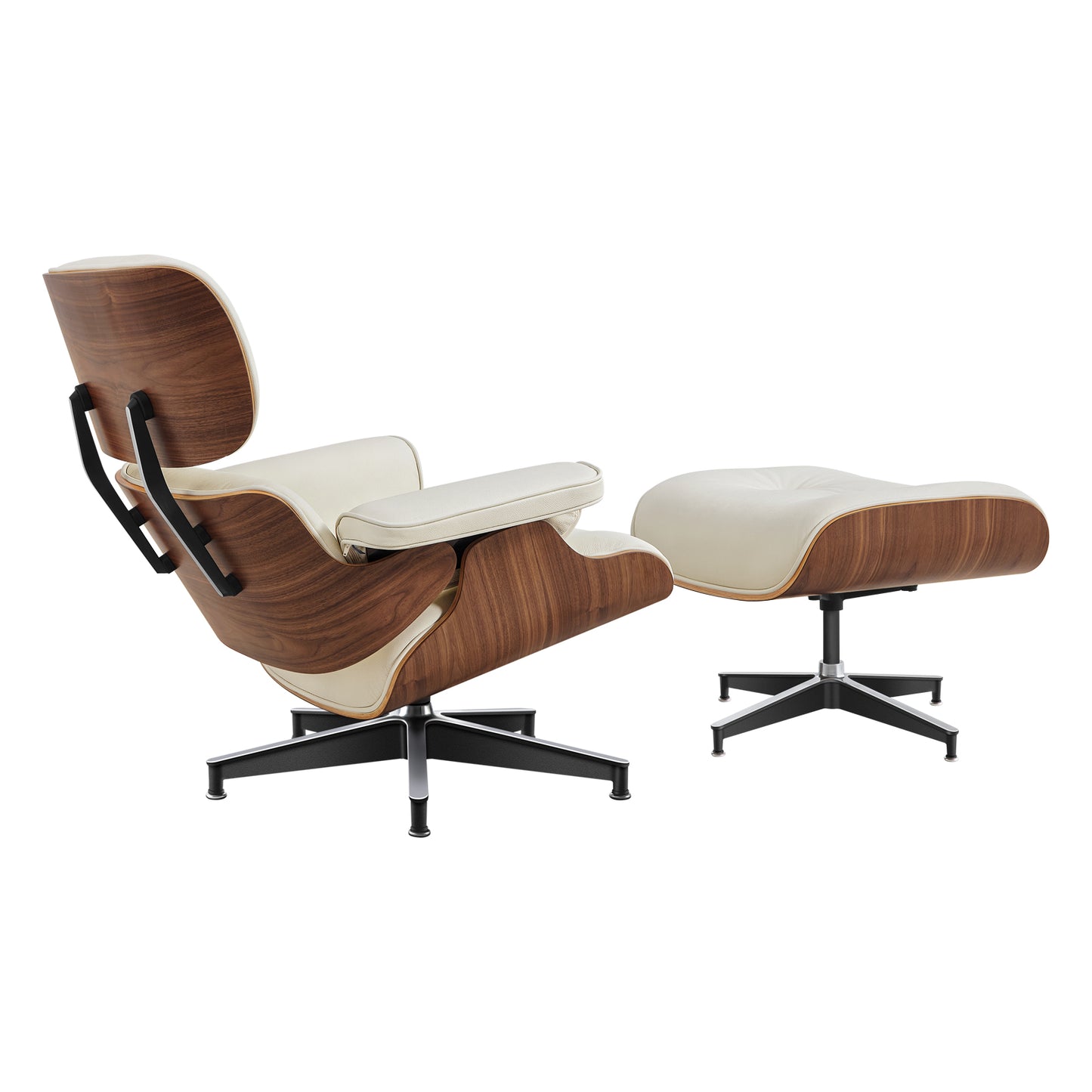 Midcentury Lounge Chair & Ottoman - Beige Leather, Walnut Wood