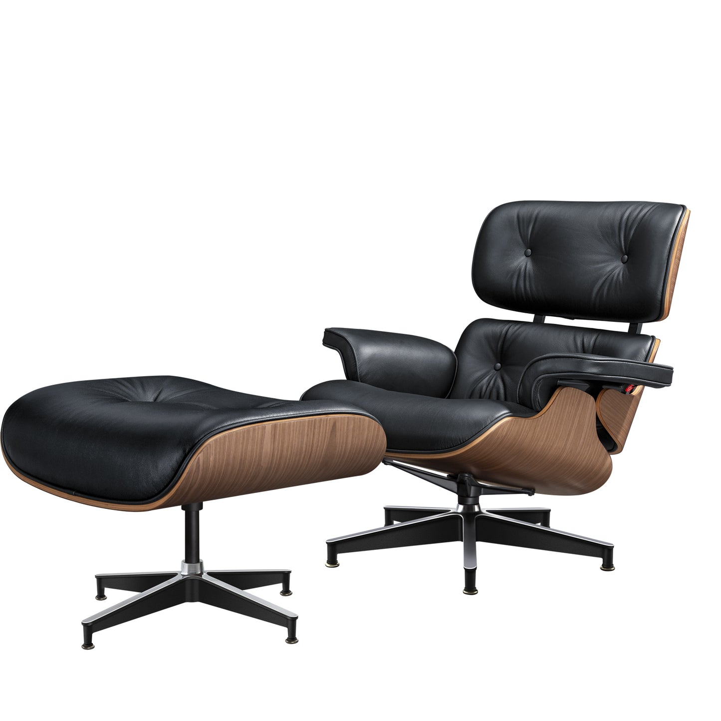 Midcentury Lounge Chair & Ottoman - Black Leather, Walnut Wood