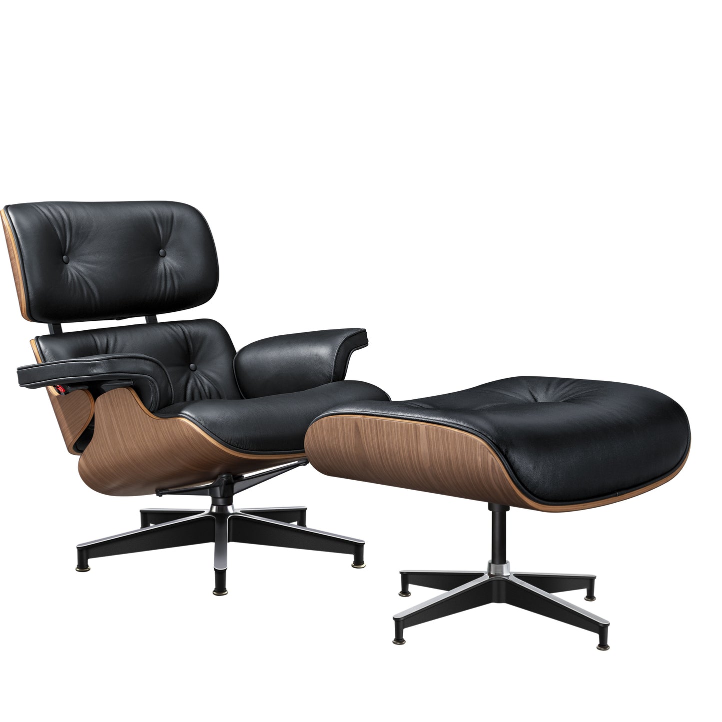 Midcentury Lounge Chair & Ottoman - Black Leather, Walnut Wood