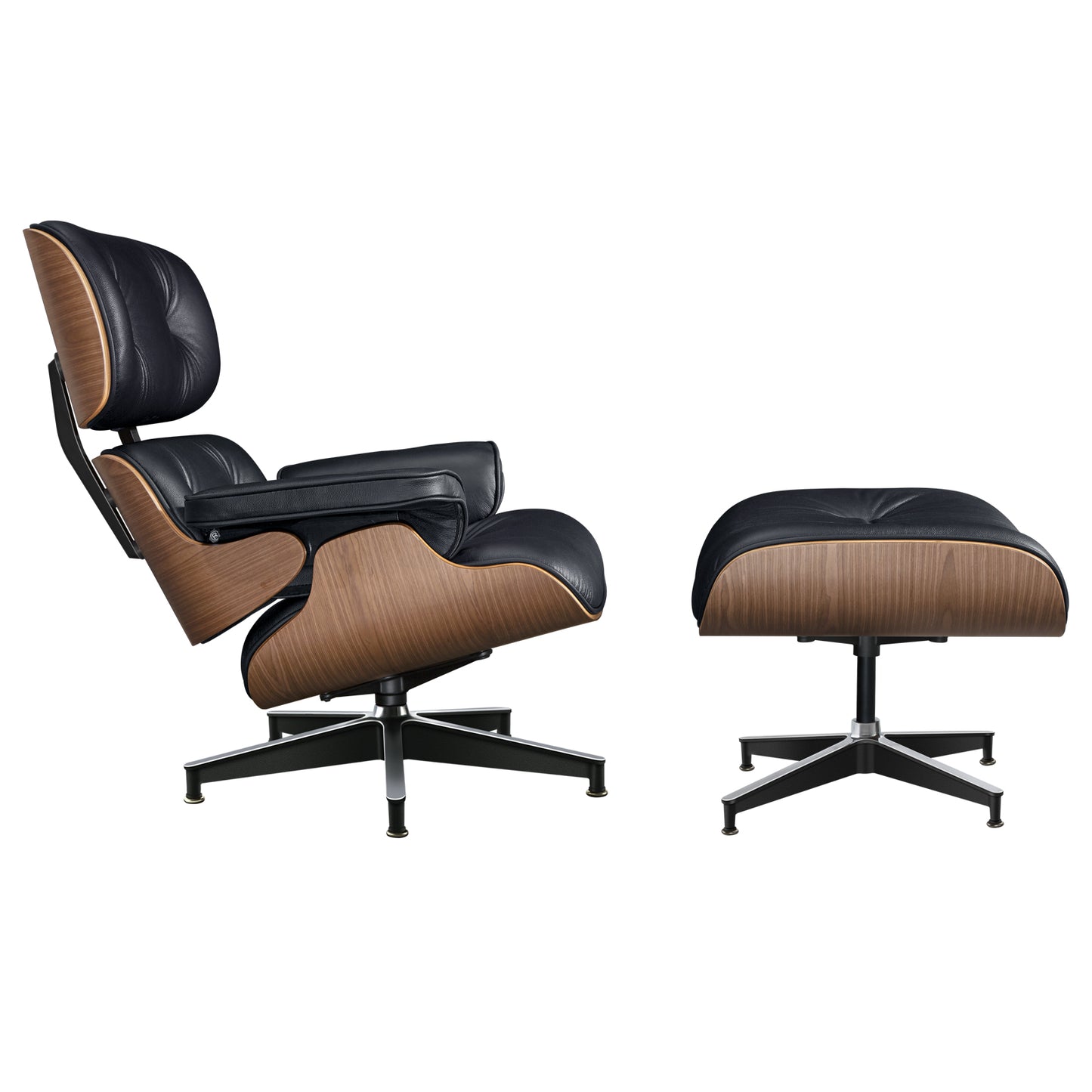 Midcentury Lounge Chair & Ottoman - Black Leather, Walnut Wood