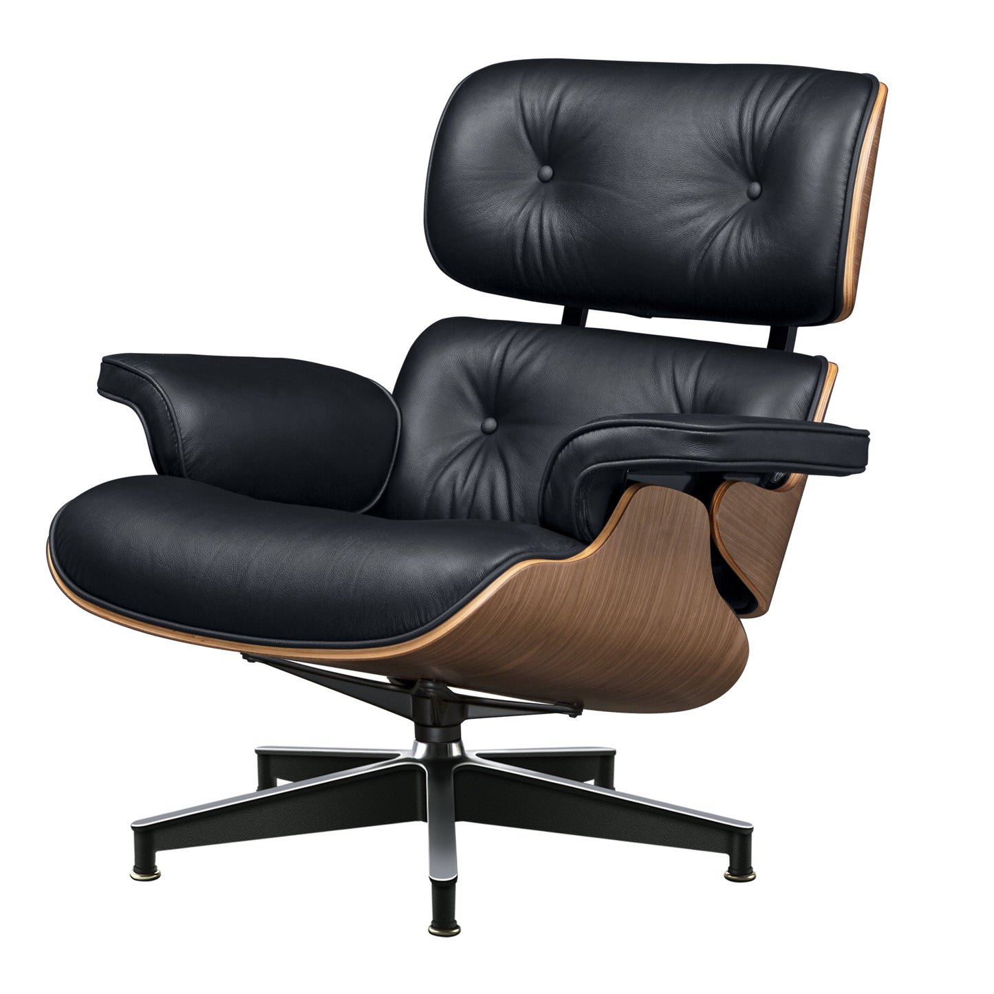 Midcentury Lounge Chair & Ottoman - Black Leather, Walnut Wood