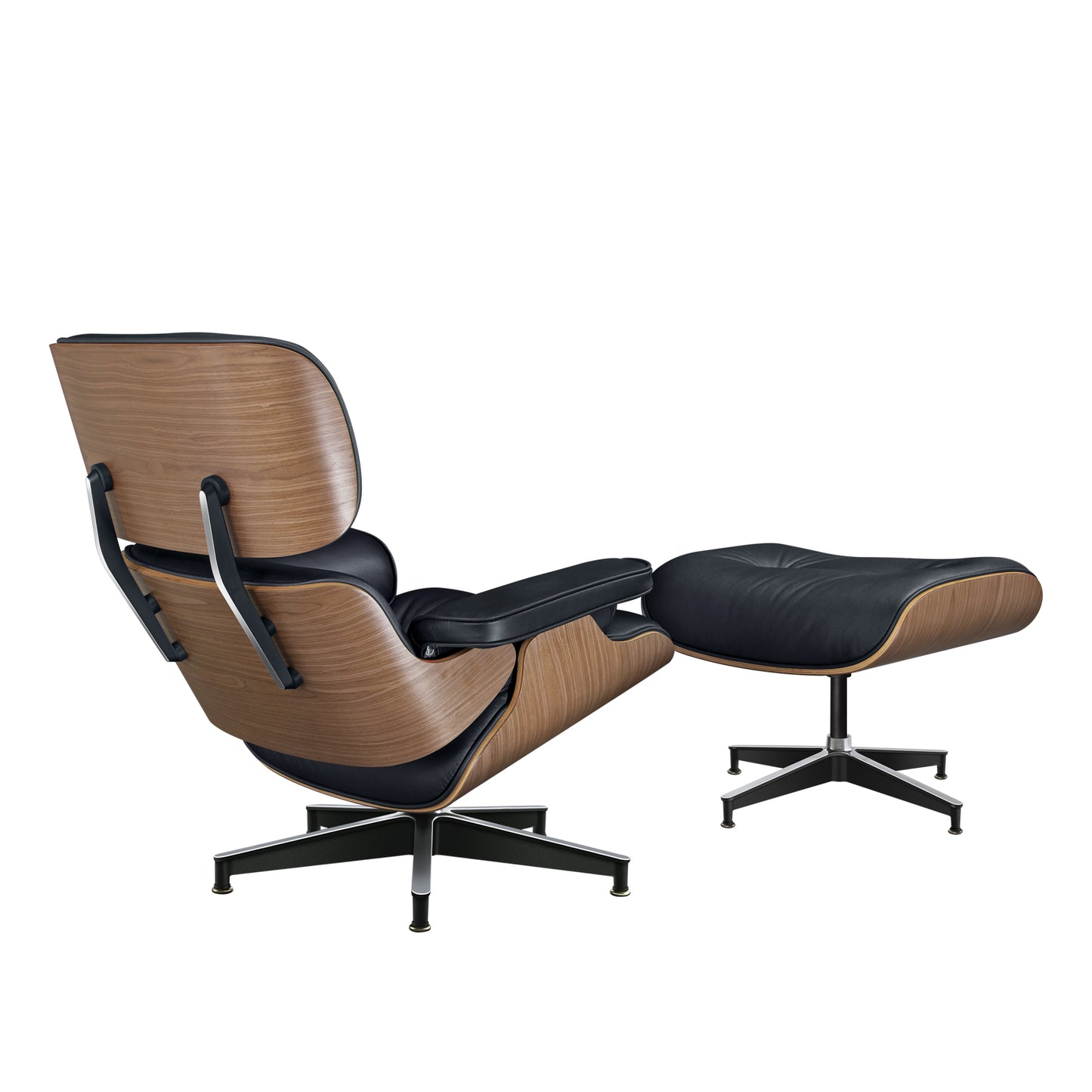 Midcentury Lounge Chair & Ottoman - Black Leather, Walnut Wood