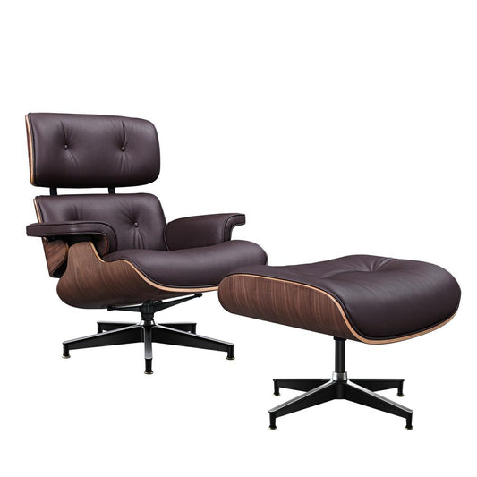 TALL Midcentury Lounge Chair & Ottoman - Dark Brown Leather, Walnut Wood