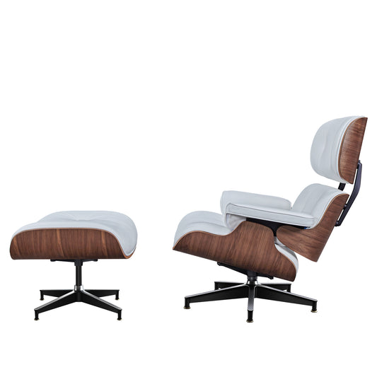 TALL Midcentury Lounge Chair & Ottoman - White Leather, Walnut Wood