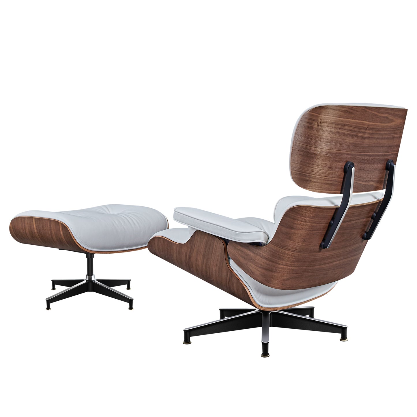 TALL Midcentury Lounge Chair & Ottoman - White Leather, Walnut Wood