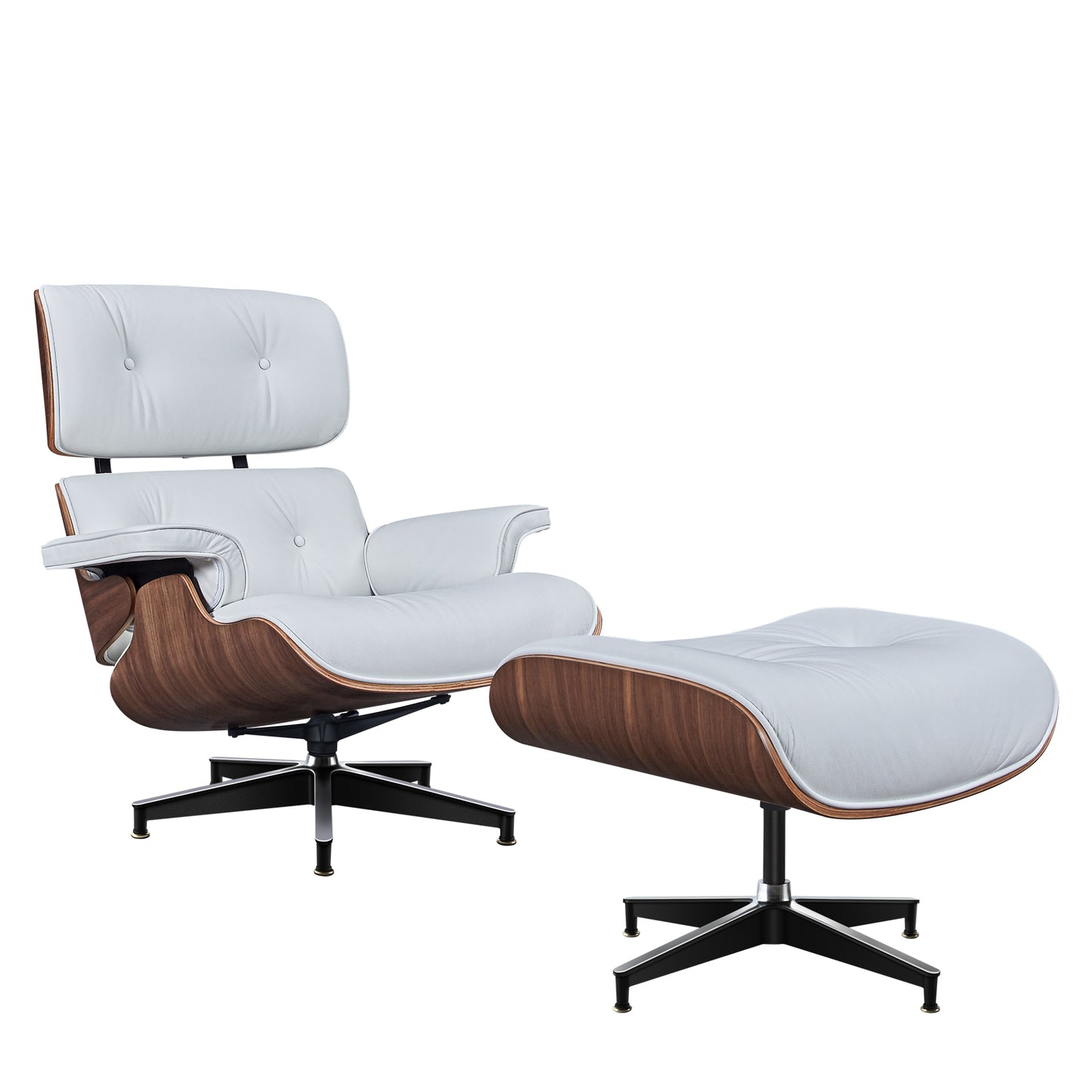 TALL Midcentury Lounge Chair & Ottoman - White Leather, Walnut Wood