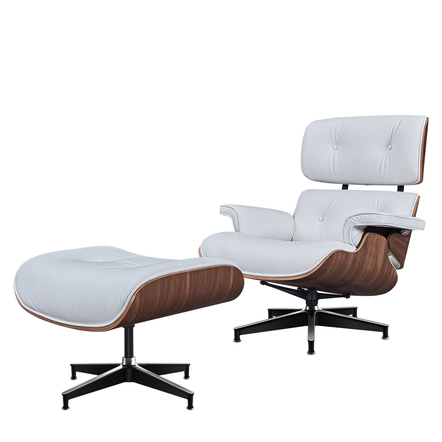 TALL Midcentury Lounge Chair & Ottoman - White Leather, Walnut Wood