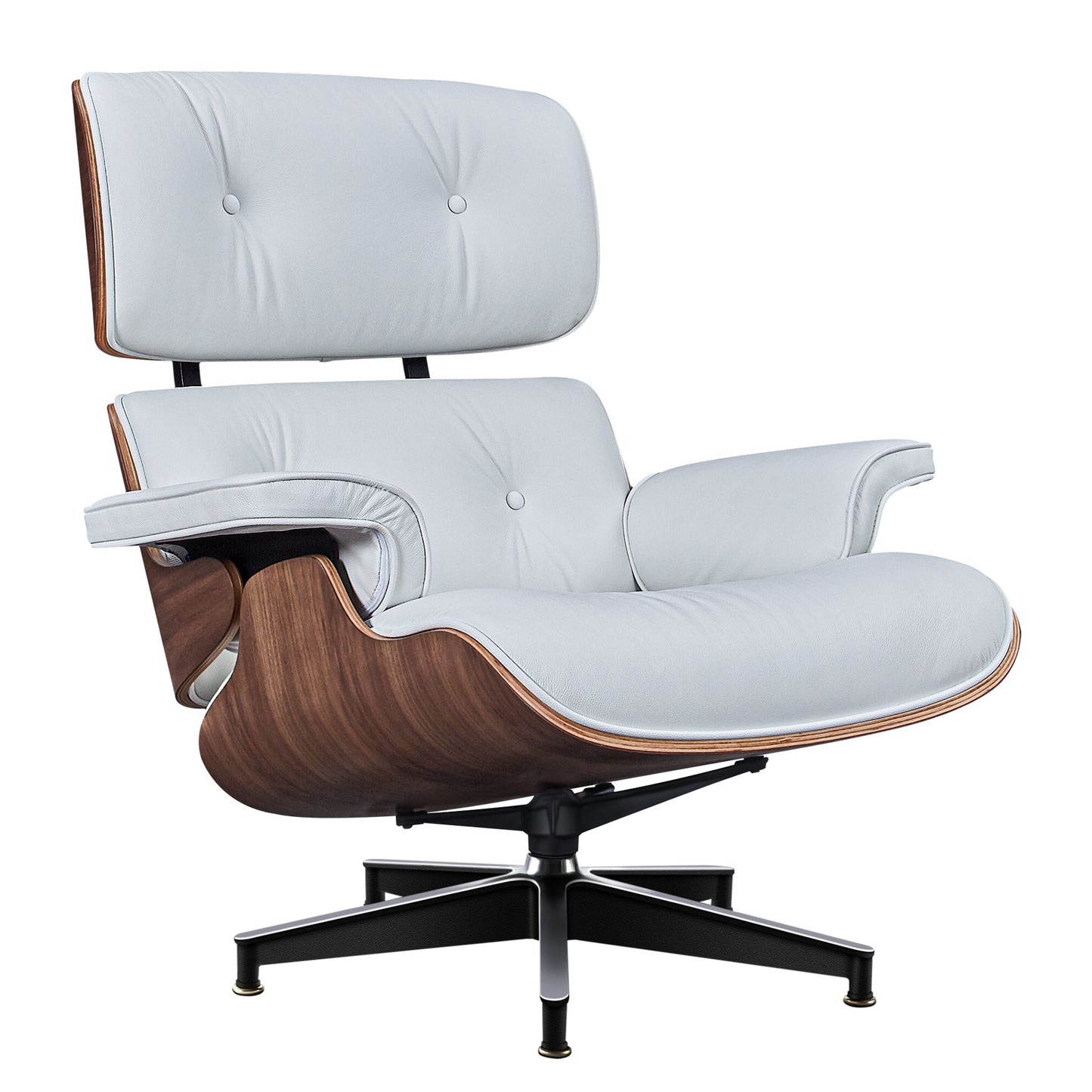 TALL Midcentury Lounge Chair & Ottoman - White Leather, Walnut Wood