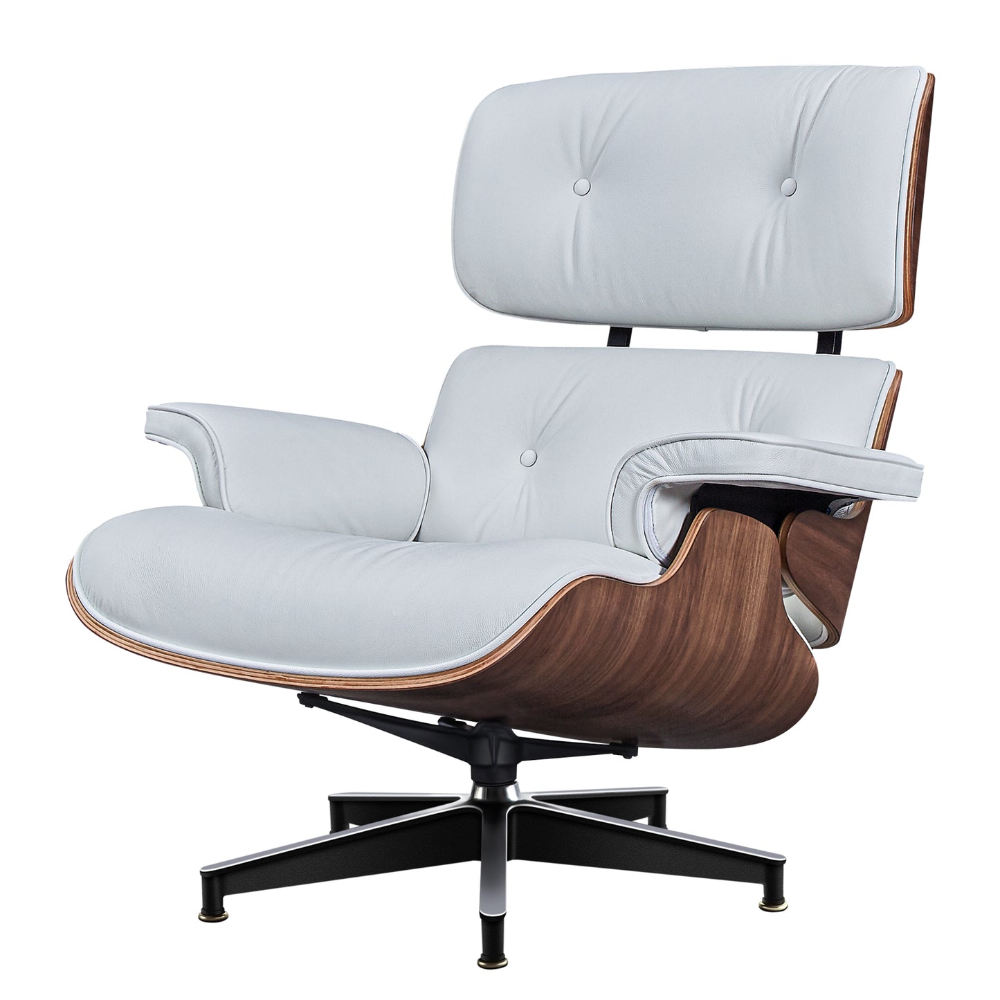 TALL Midcentury Lounge Chair & Ottoman - White Leather, Walnut Wood