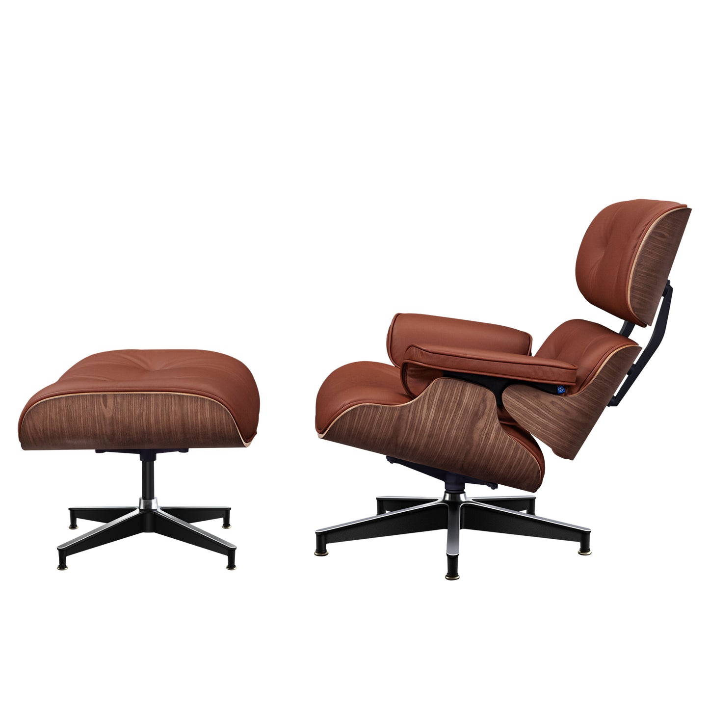 Midcentury Lounge Chair & Ottoman - Tan Leather, Walnut Wood