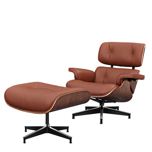 Midcentury Lounge Chair & Ottoman - Tan Leather, Walnut Wood