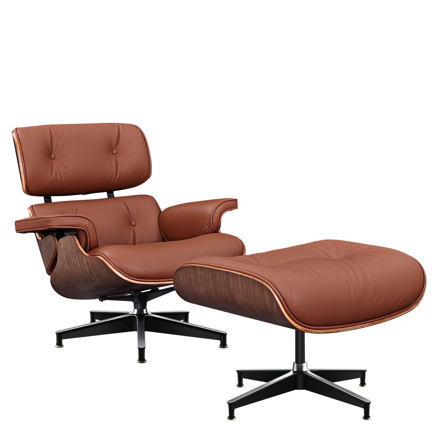 Midcentury Lounge Chair & Ottoman - Tan Leather, Walnut Wood