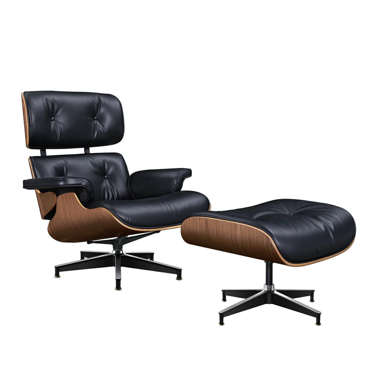 TALL Midcentury Lounge Chair & Ottoman - Black Aniline Leather, Walnut Wood