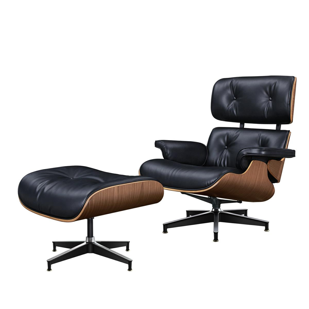 TALL Midcentury Lounge Chair & Ottoman - Black Aniline Leather, Walnut Wood