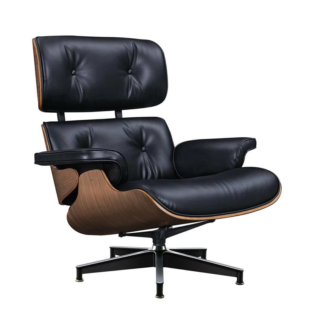 TALL Midcentury Lounge Chair & Ottoman - Black Aniline Leather, Walnut Wood