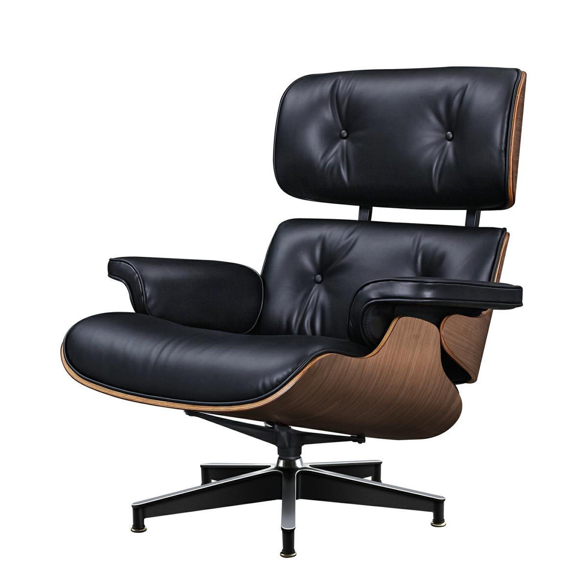 TALL Midcentury Lounge Chair & Ottoman - Black Aniline Leather, Walnut Wood