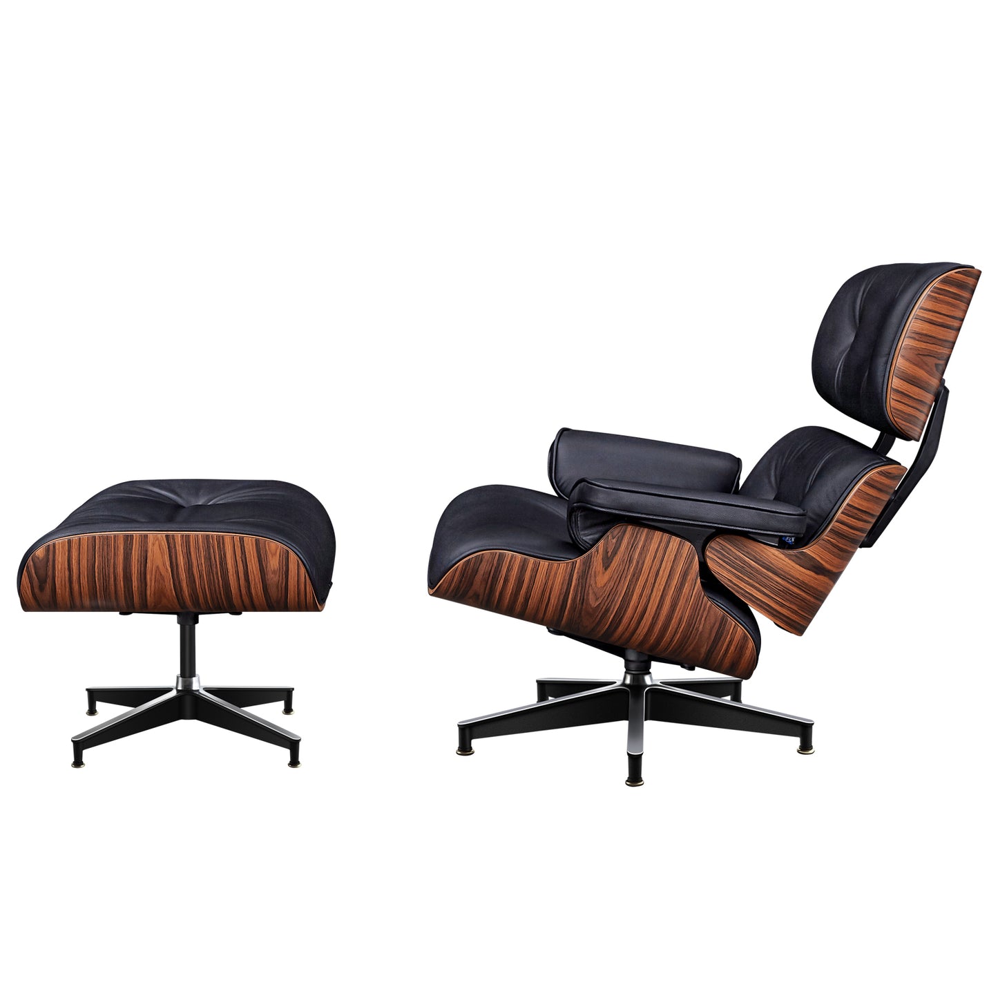 TALL Midcentury Lounge Chair & Ottoman - Black Aniline Leather, Palisander Wood