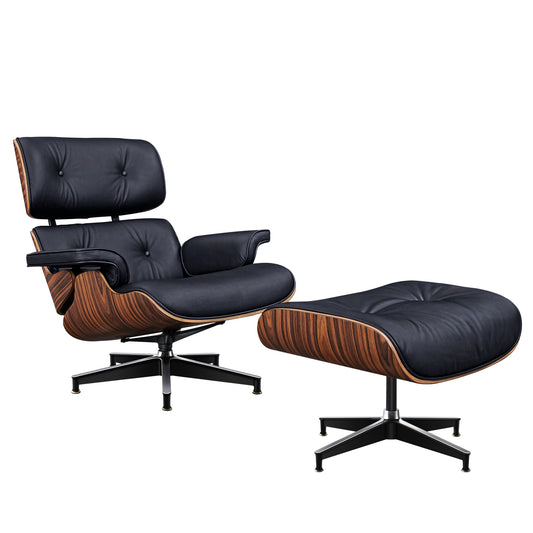 TALL Midcentury Lounge Chair & Ottoman - Black Aniline Leather, Palisander Wood