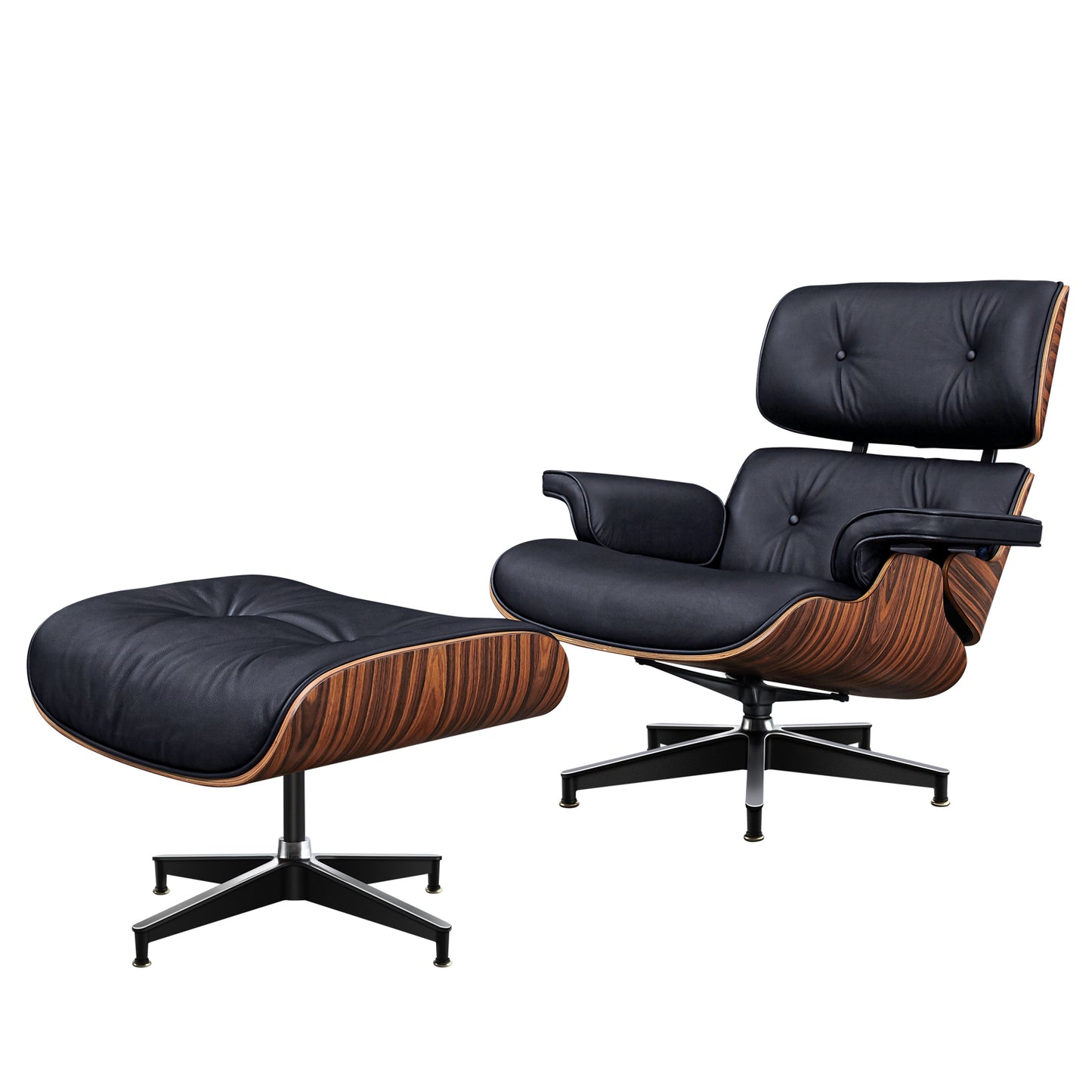 TALL Midcentury Lounge Chair & Ottoman - Black Aniline Leather, Palisander Wood