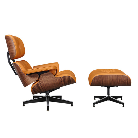 TALL Midcentury Lounge Chair & Ottoman - Orange Aniline Leather, Walnut Wood