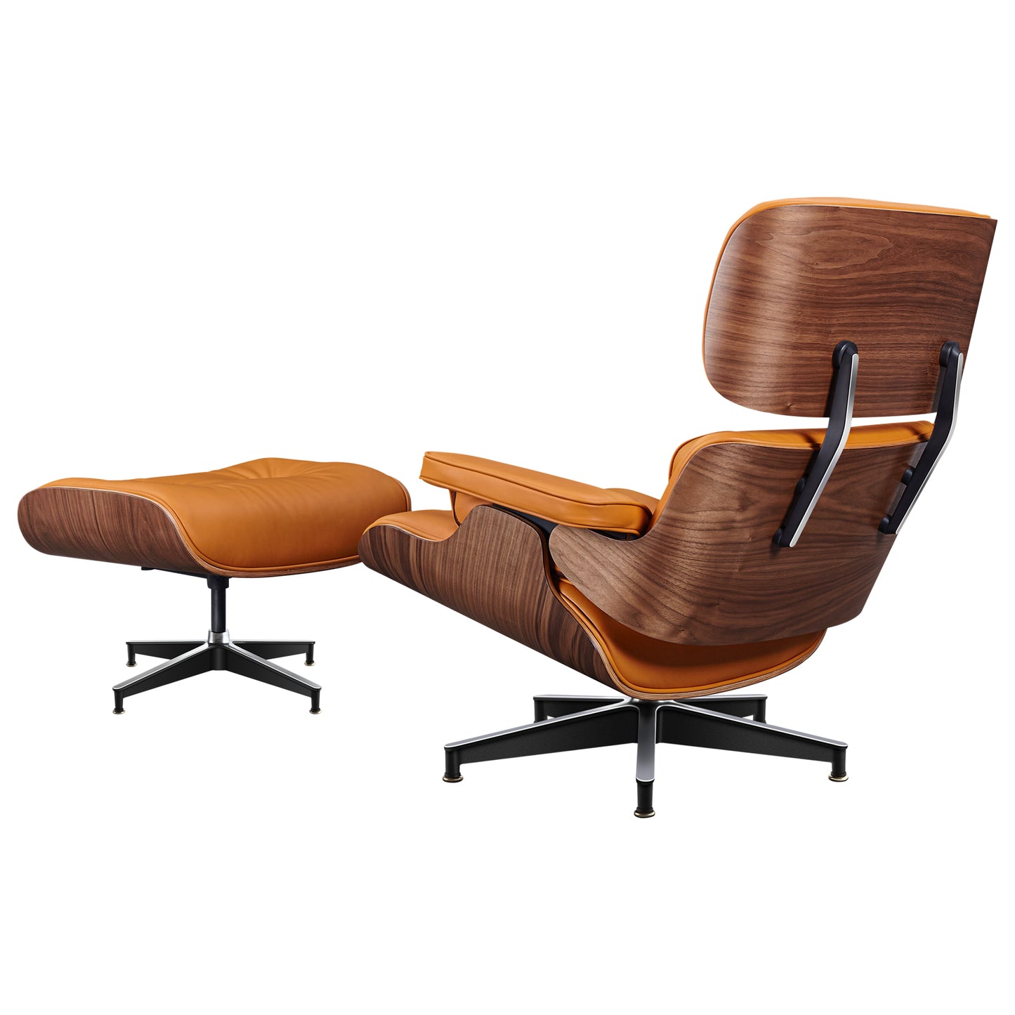 TALL Midcentury Lounge Chair & Ottoman - Orange Aniline Leather, Walnut Wood