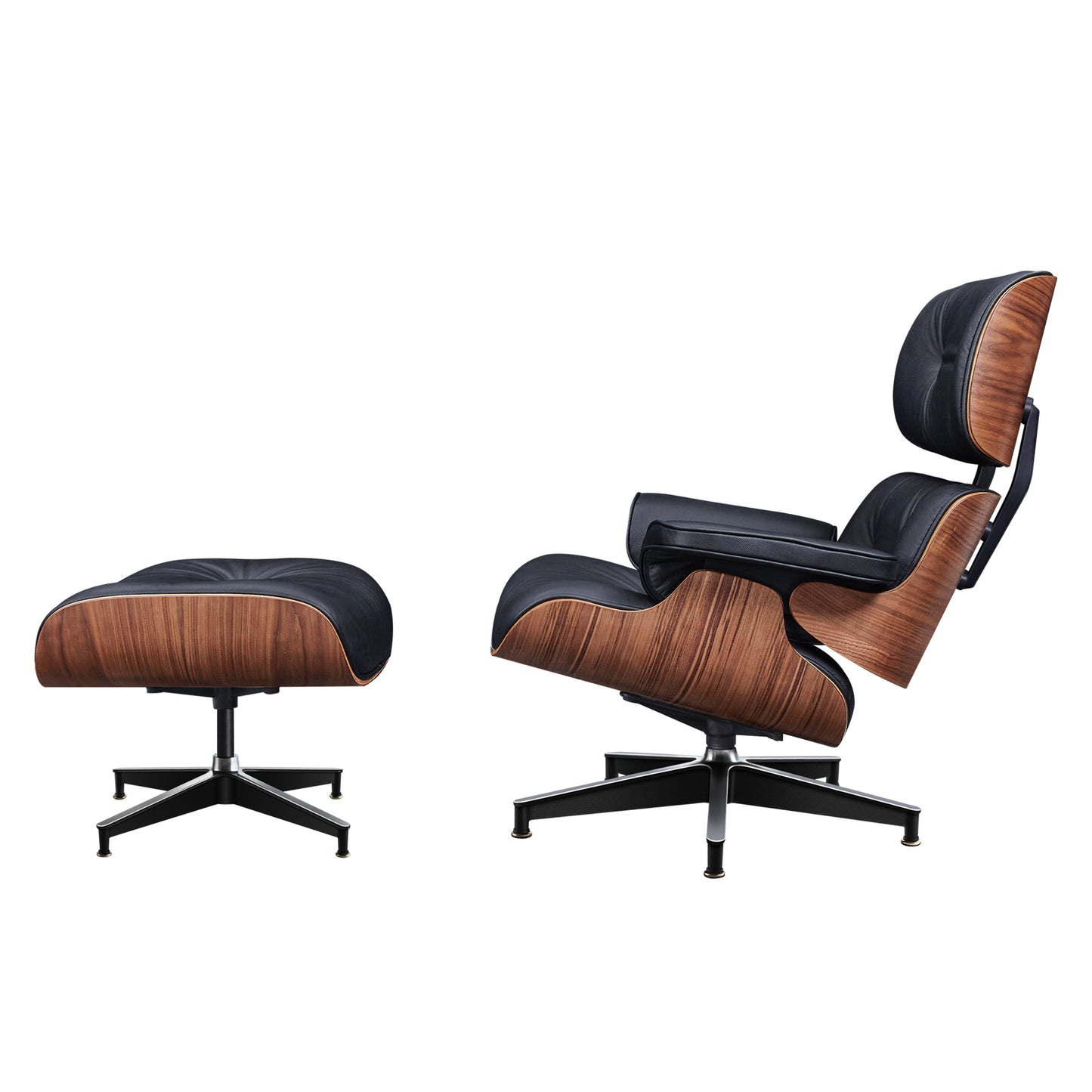 TALL Midcentury Lounge Chair & Ottoman - Black Leather, Walnut Wood