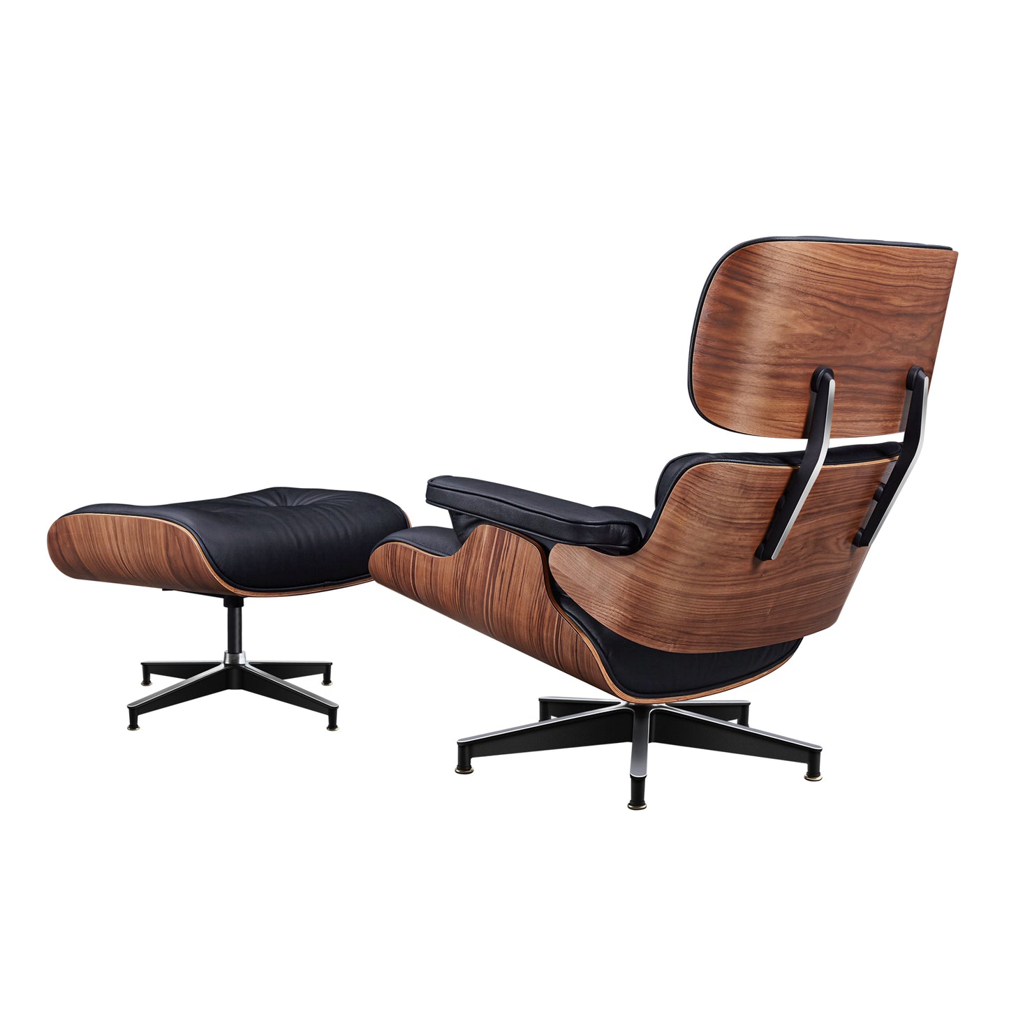 TALL Midcentury Lounge Chair & Ottoman - Black Leather, Walnut Wood