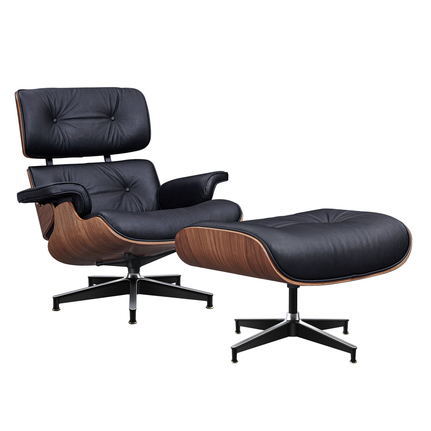 TALL Midcentury Lounge Chair & Ottoman - Black Leather, Walnut Wood