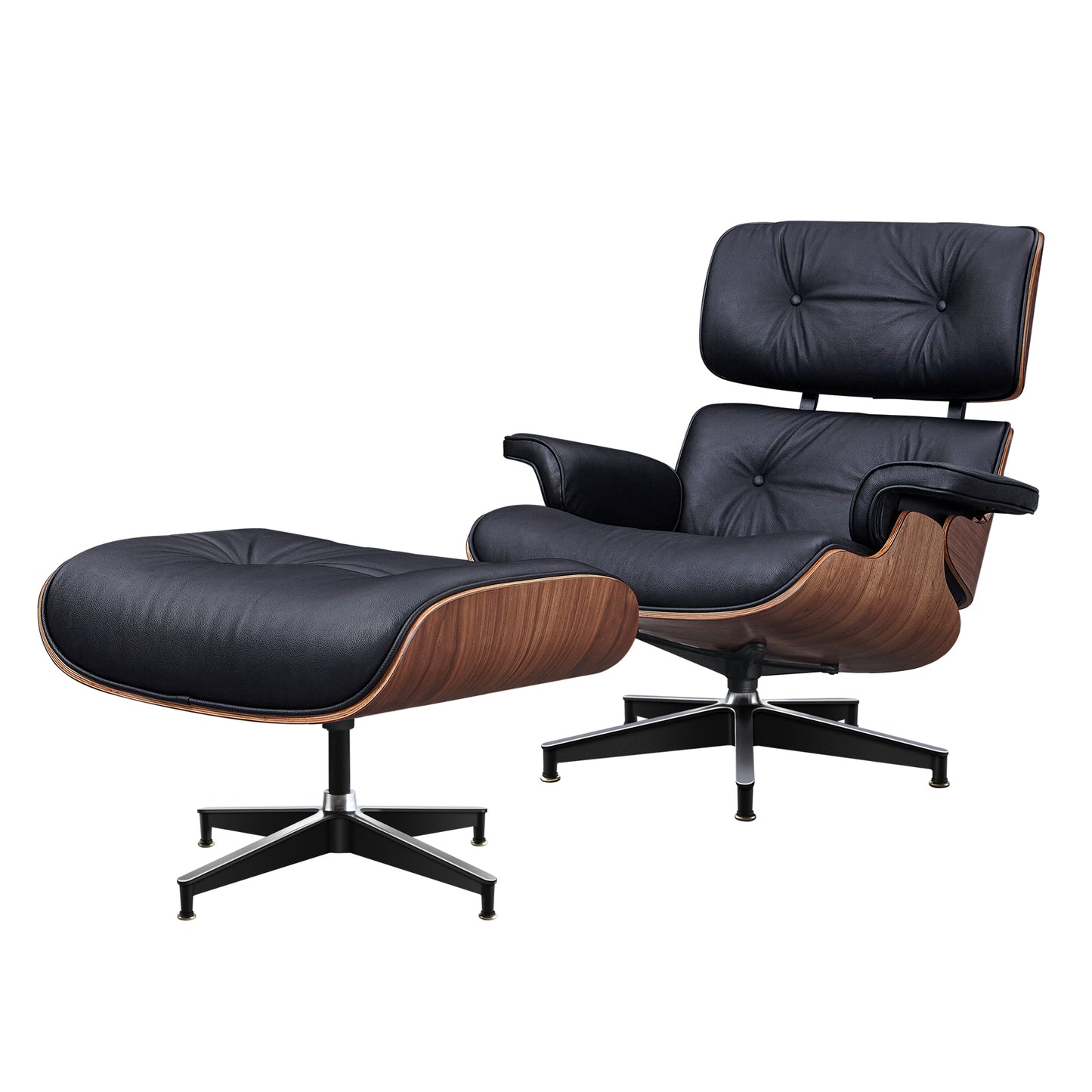 TALL Midcentury Lounge Chair & Ottoman - Black Leather, Walnut Wood