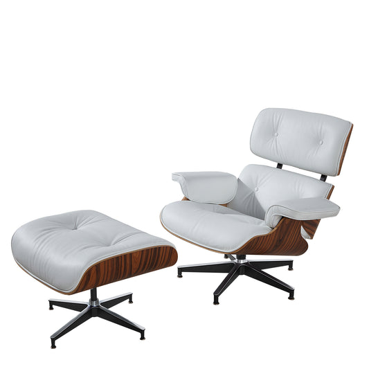 Midcentury Lounge Chair & Ottoman - White Leather, Palisander Wood