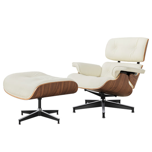 Midcentury Lounge Chair & Ottoman - Beige Leather, Walnut Wood