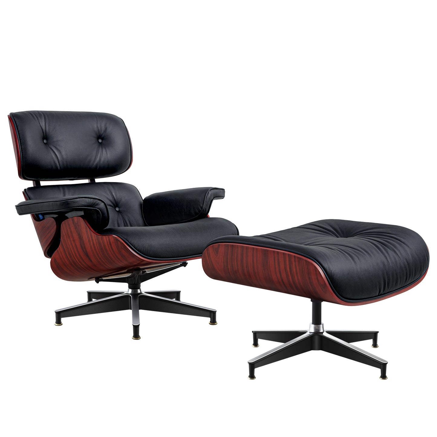 Midcentury Lounge Chair & Ottoman - Black Leather, Rosewood Wood