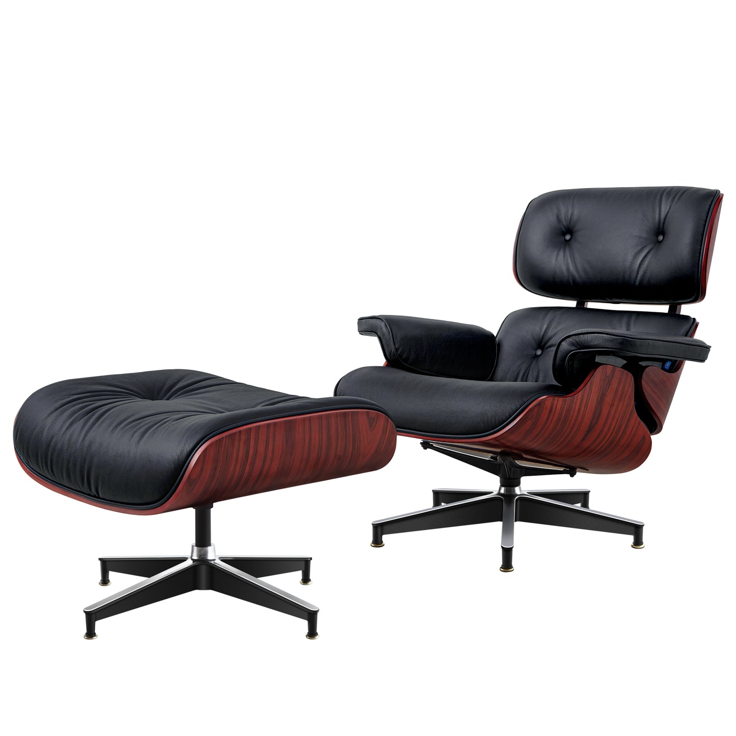 Midcentury Lounge Chair & Ottoman - Black Leather, Rosewood Wood