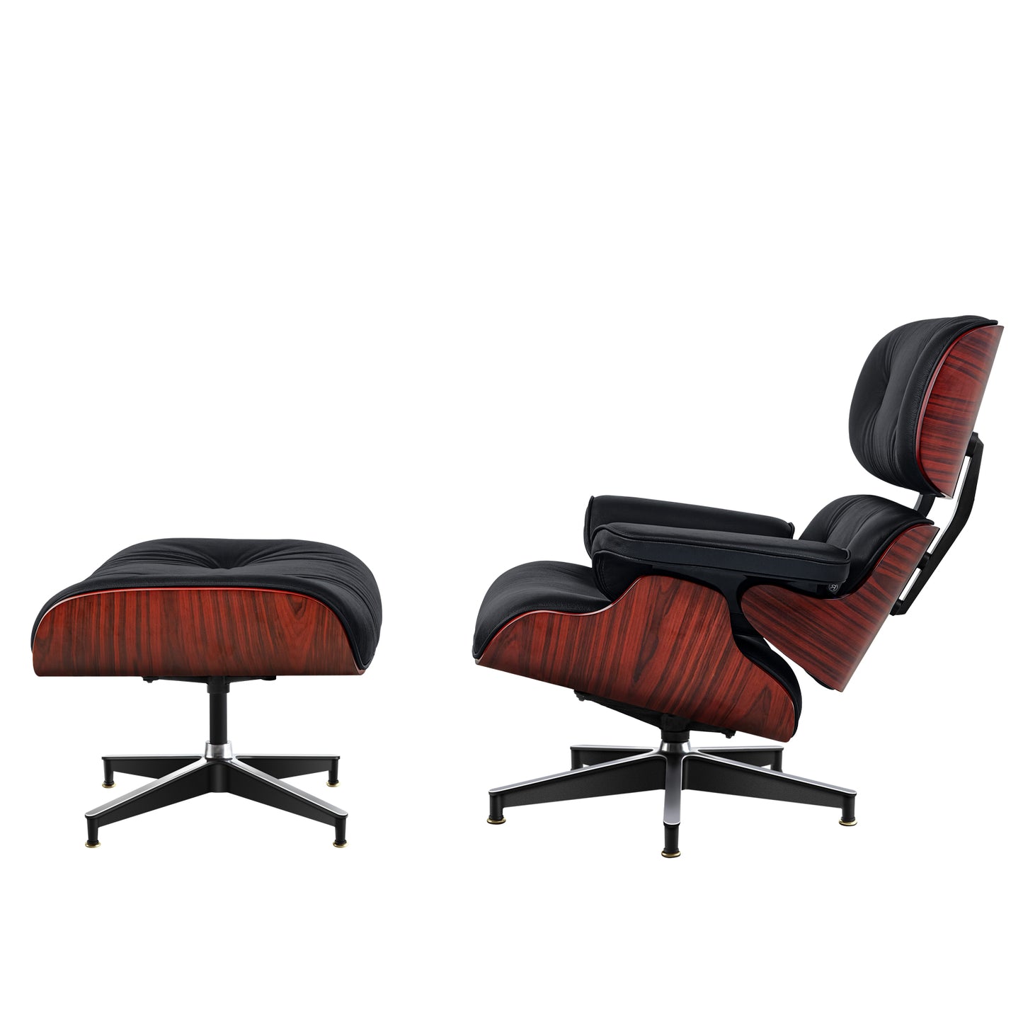 Midcentury Lounge Chair & Ottoman - Black Leather, Rosewood Wood