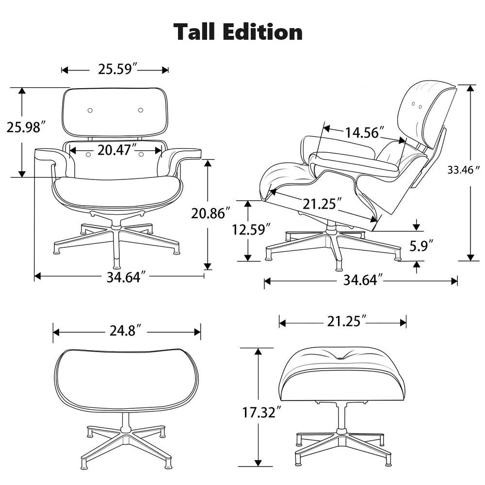 TALL Midcentury Lounge Chair & Ottoman - White Leather, Walnut Wood